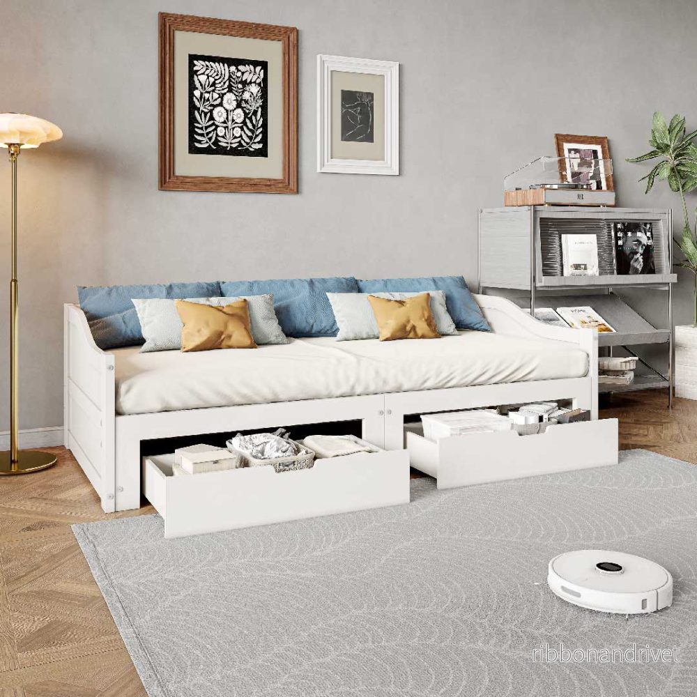 Yelenaro Utdragbar dagbädd 90/180×200 cm i massivt trä med 2 lådor - Bild 3