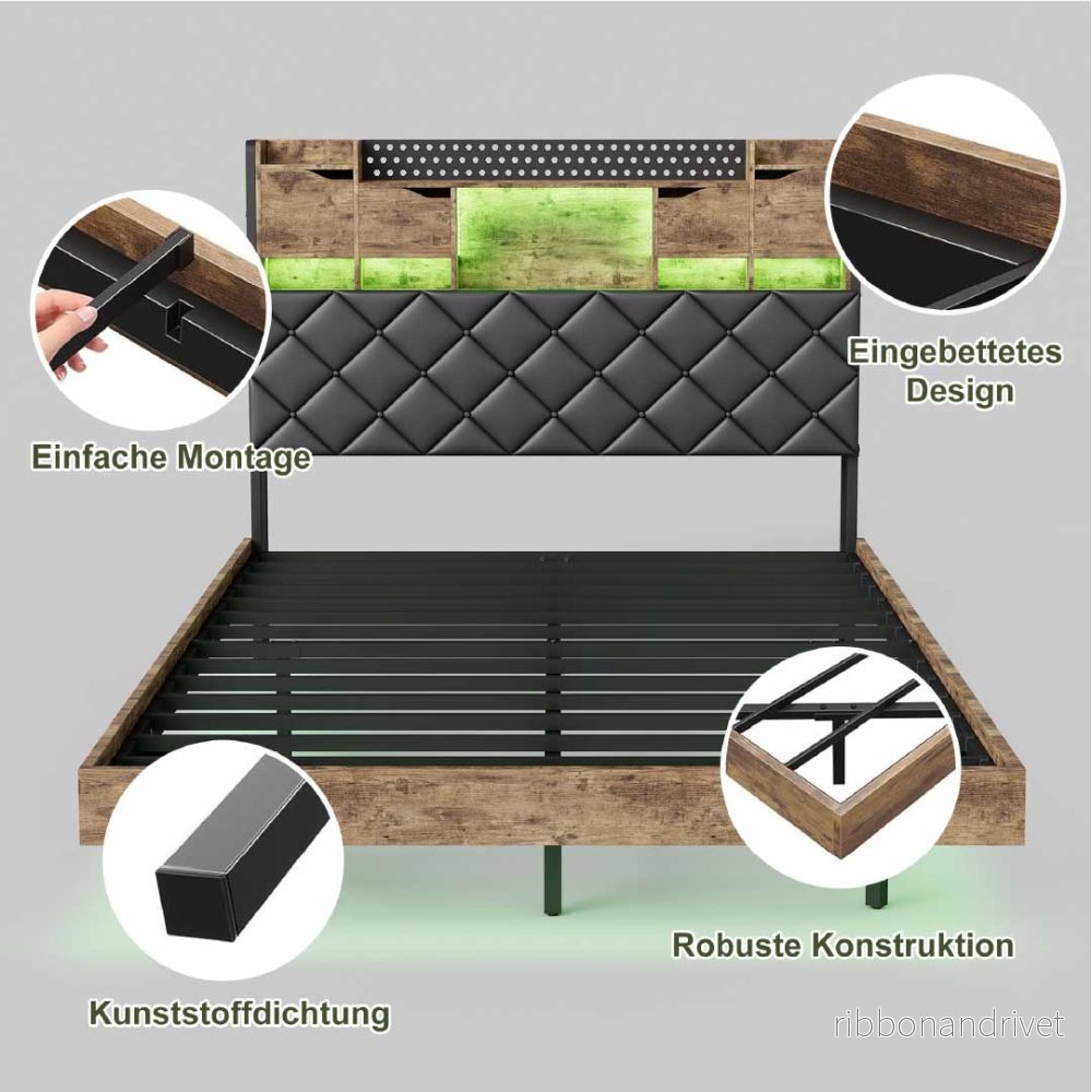 YELENARO svävande säng 140/160x200 cm med LED & USB – industrisäng med förvaring - Bild 3