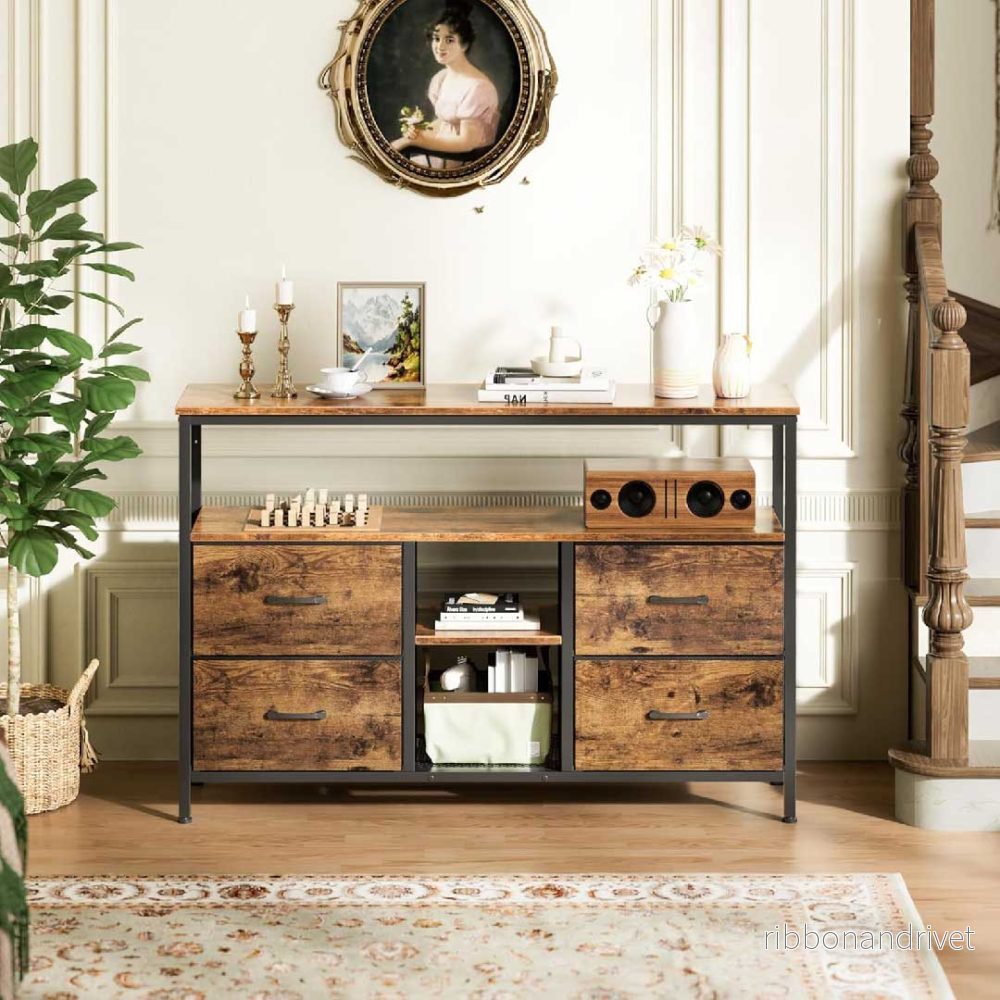 Yelenaro TV-bänk 137 cm med LED – Hög TV-bänk med 4 tyglådor - Bild 2