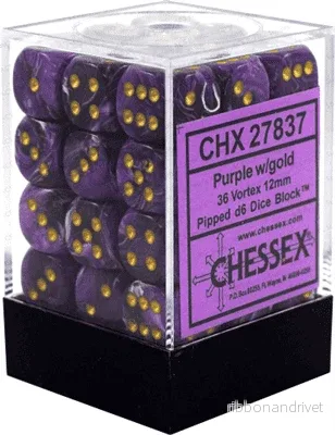 Chessex Signature 12mm d6 med pips Tärningsblock (36 Tärningar) - Vortex Lila med Guld