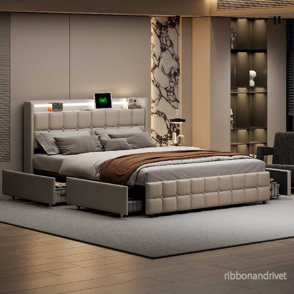 Yelenaro Linnesäng 160/180×200 cm med LED, USB & 4 lådor - Bild 3