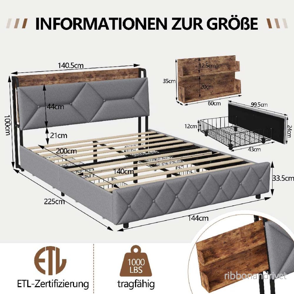 Yelenaro kontinentalsäng med 4 lådor och USB – Förvaringssäng med hyllgavel - Bild 3