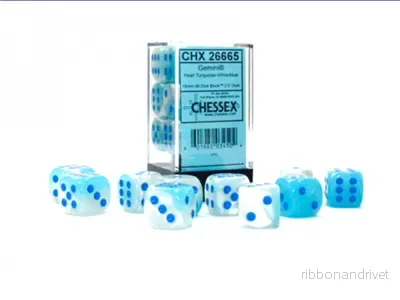 Gemini 16mm tärningar i pärlemor turquoise-vit/blå (12 stycken)