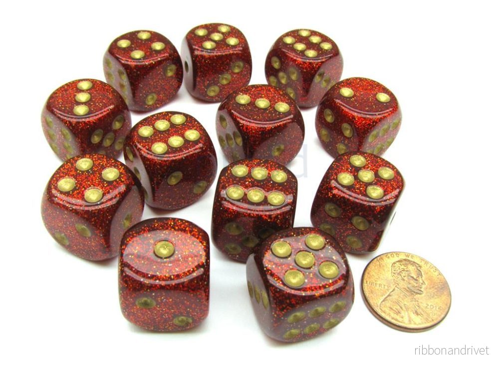 Chessex 16mm d6 med pips Tärningsblock (12 Tärningar) – Glitter Polyhedral Ruby/guld Chessex 16mm d6 med pips Tärningsblock (12 Tärningar) – Glitter Polyhedral Ruby/guld