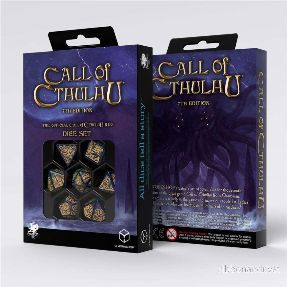Call of Cthulhu 7:e utgåvan – tärningsset i blågrönt och guld Call of Cthulhu 7:e utgåvan – tärningsset i blågrönt och guld