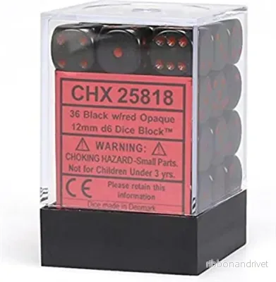 Chessex Opaque 12mm d6 Tärningar - Svart med Röd (36 Tärningar)