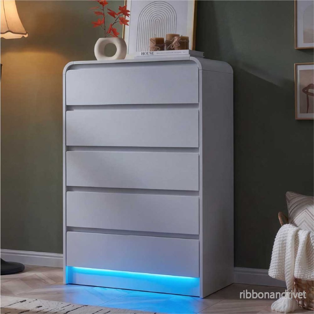 Yelenaro Vit byrå med 5 lådor & RGB LED – Modern minimalistisk lådbyrå med förvaring - Bild 3