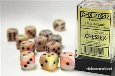 Chessex 16mm d6 Dice Block (12 Dice) – Festive Circus w/Black Chessex 16mm d6 Dice Block (12 Dice) – Festive Circus w/Black