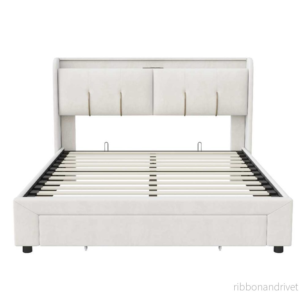 Yelenaro kontinentalsäng 140/160x200 cm med förvaring, LED och USB – sammet beige - Bild 2
