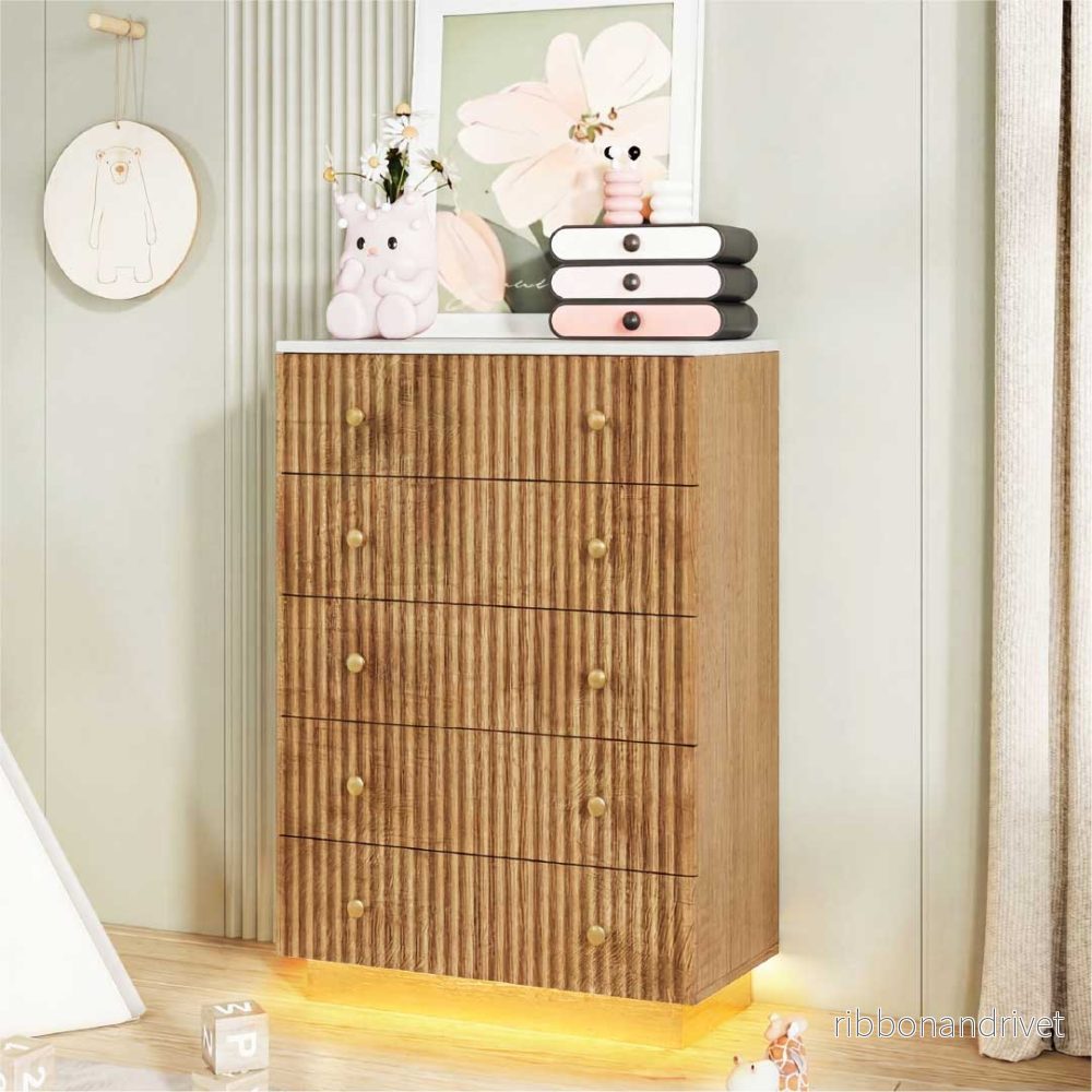 Yelenaro byrå trälook med 5 lådor & LED – Modern sovrumskommod med förvaring, varmvitt/kallvitt ljus - Bild 2
