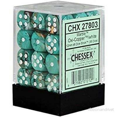 Chessex 12mm d6 Dice Blocks med Pips (36 Stycken) – Marmor Oxi-Koppar/Vit Chessex 12mm d6 Dice Blocks med Pips (36 Stycken) – Marmor Oxi-Koppar/Vit