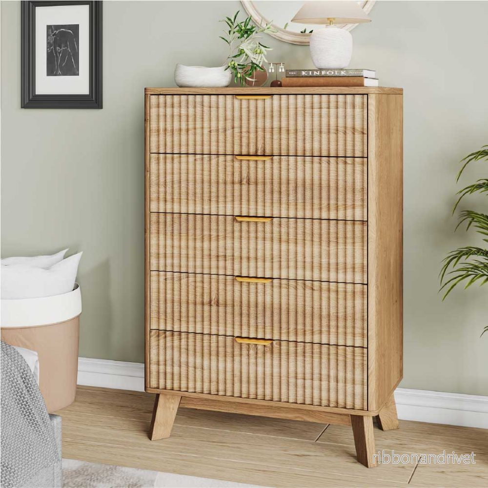 Yelenaro Byrå Träeffekt med 5 lådor – Skandinaviskt Sideboard Skåp Sovrum Vardagsrum - Bild 3