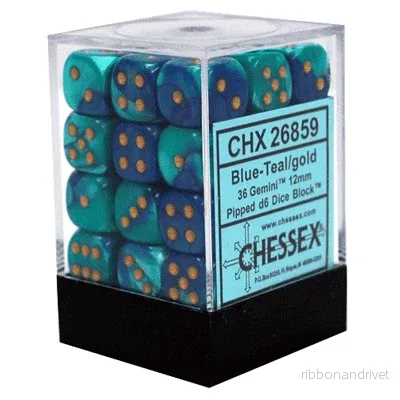 Chessex Gemini 12mm d6 Tärningsblock med pips (36 Tärningar) – Blå-Teal med Guld
