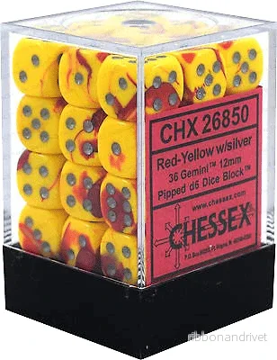 Chessex Gemini 12mm d6 Dice Blocks - Red-Yellow with Silver (36 Dice)