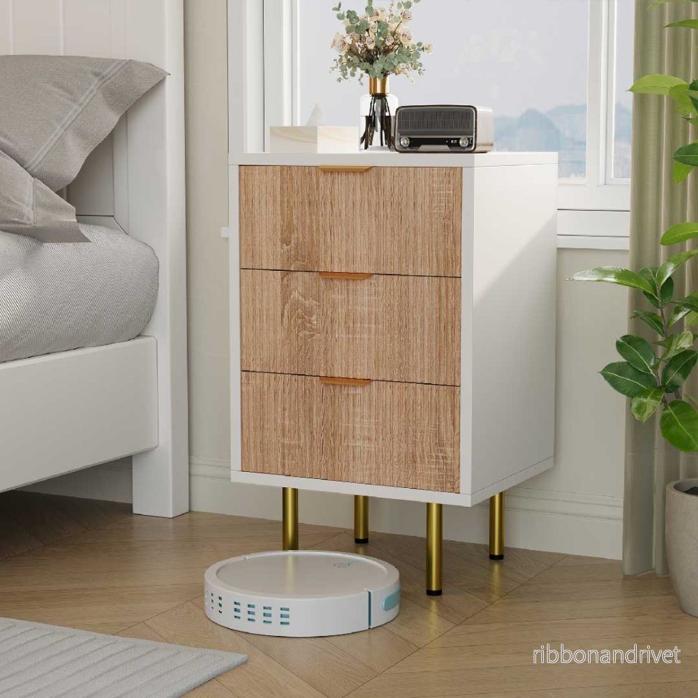 Yelenaro sängbord, 2 st. (3 lådor) – modernt i vitt och träimitation - Bild 3