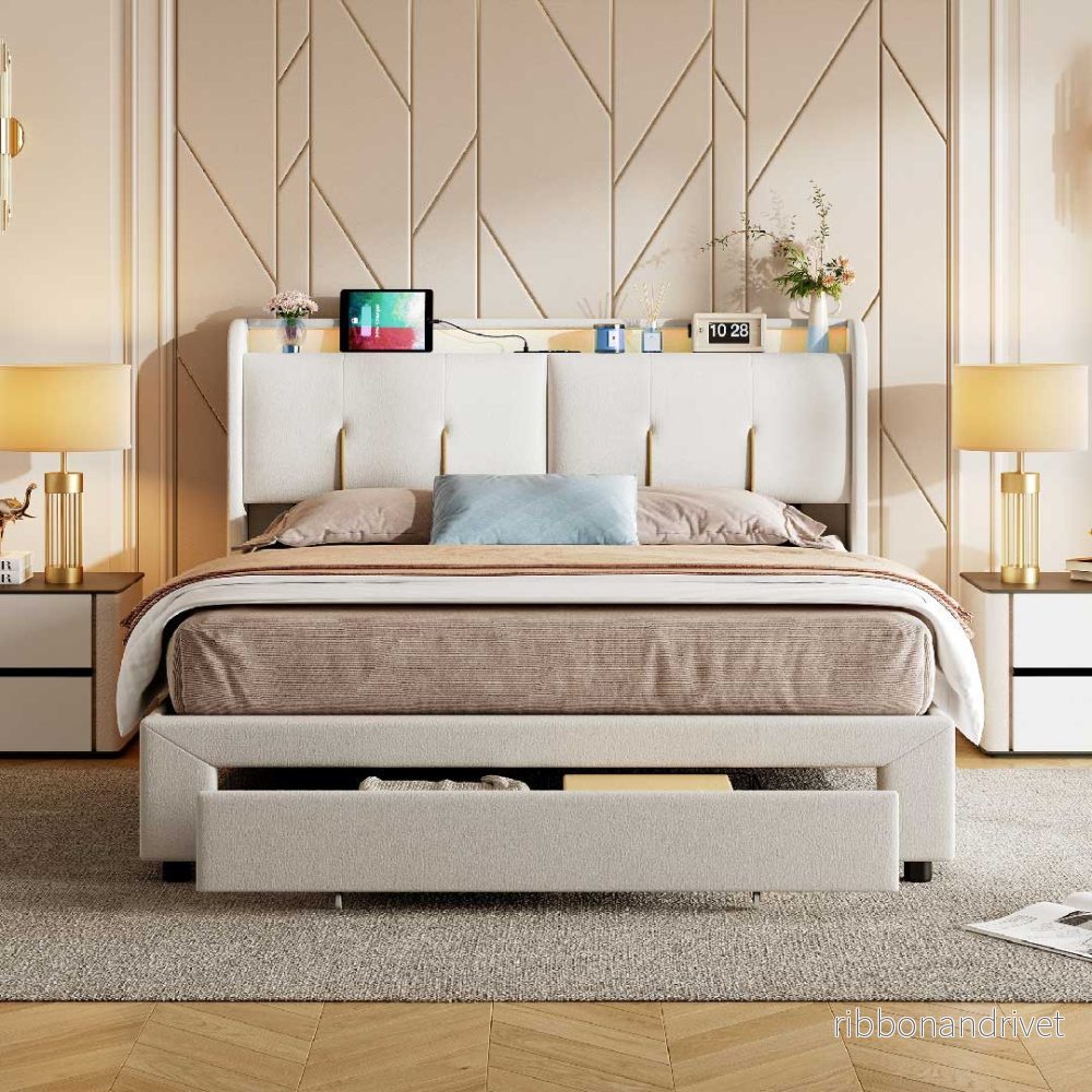 Yelenaro kontinentalsäng 140/160x200 cm med förvaring, LED och USB – sammet beige