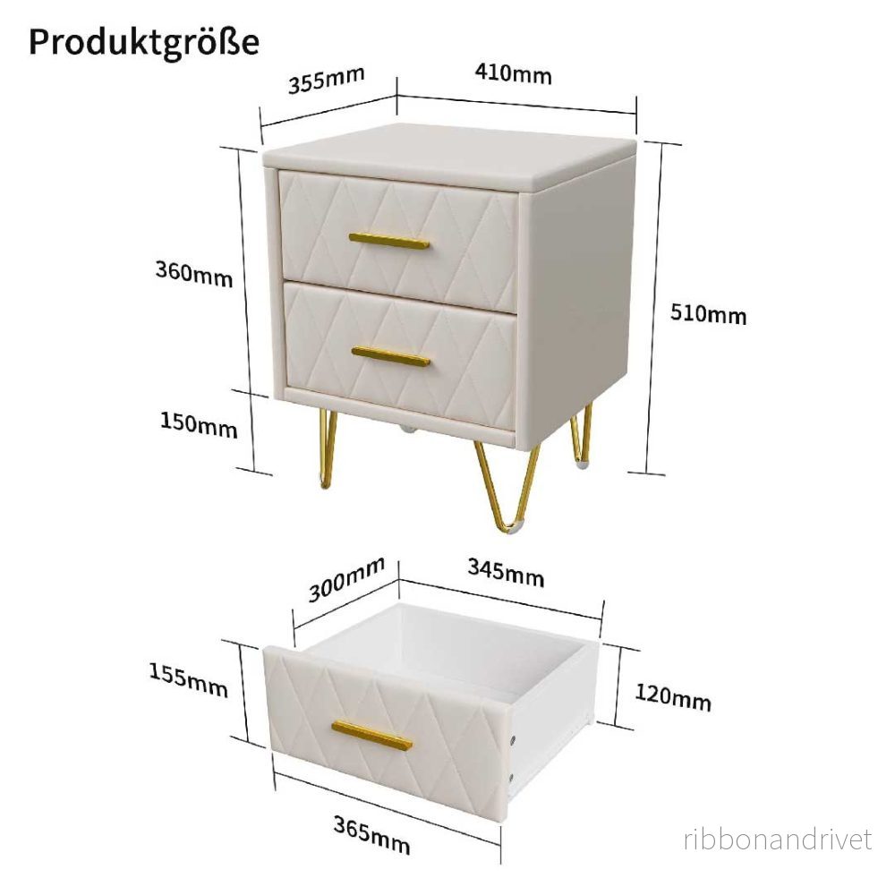 Yelenaro sängbord 2-pack med 2 lådor – vit och guld - Bild 3