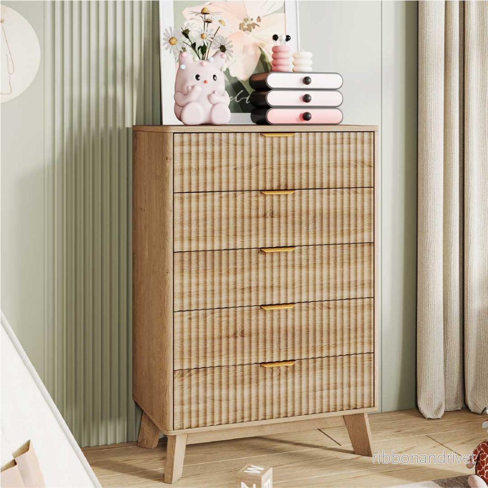 Yelenaro Byrå Träeffekt med 5 lådor – Skandinaviskt Sideboard Skåp Sovrum Vardagsrum - Bild 2