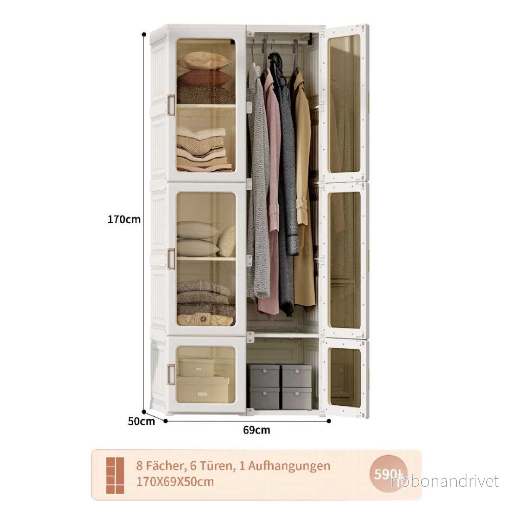 Yelenaro Hopfällbar Garderob Smal & Hög 170 cm med 6 transparenta dörrar & klädstång - Bild 3