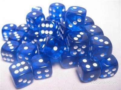 Chessex Translucent 12mm d6 Dice Blocks - Blå med Vita Pips (36 Dice)