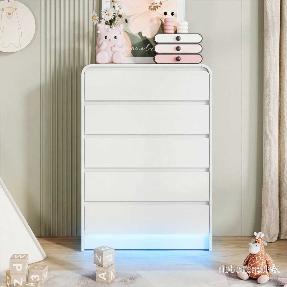 Yelenaro Vit byrå med 5 lådor & RGB LED – Modern minimalistisk lådbyrå med förvaring - Bild 2