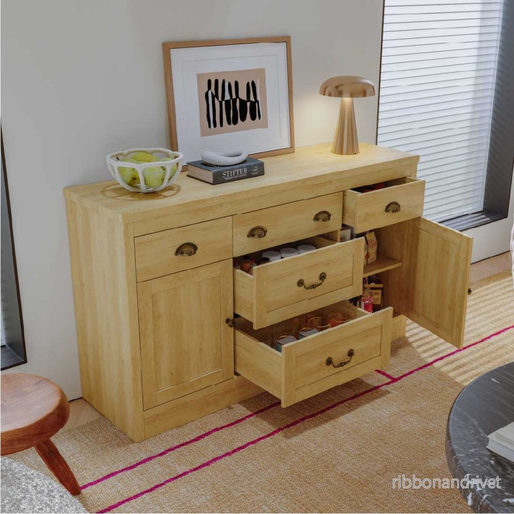 YELENARO Skänk 135 cm – Naturträ med 5 lådor & 2 dörrar - Bild 3