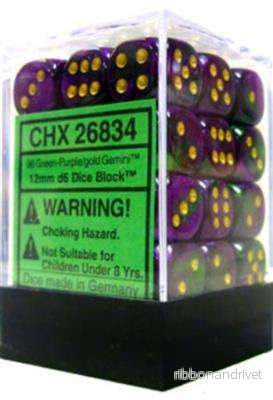 Chessex Gemini 12mm d6 Tärningsblock (36 Tärningar) – Grön-Lila med Guld