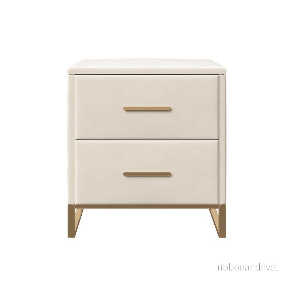 YELENARO Nattduksbord 2-pack i sammet – Beige med gulddetaljer & 2 lådor - Bild 2