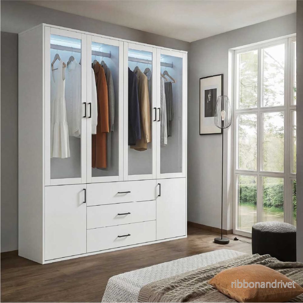Yelenaro Stor garderob 160 cm med LED & glas – 6 dörrar & 3 lådor, gott om förvaring Vit Yelenaro Stor garderob 160 cm med LED & glas – 6 dörrar & 3 lådor, gott om förvaring Vit