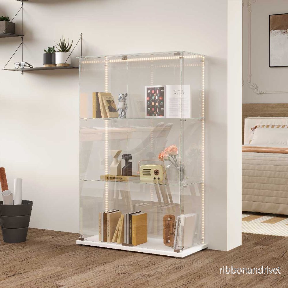 Yelenaro glasmonter med LED-belysning – Låsbar fristående monter i ESG-glas, 123 cm, vit/svart, 3 hyllor Yelenaro glasmonter med LED-belysning – Låsbar fristående monter i ESG-glas, 123 cm, vit/svart, 3 hyllor