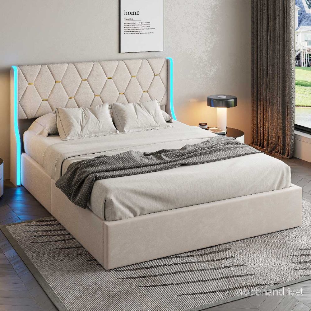 Yelenaro kontinentalsäng med förvaring och LED, sammet, 140/160x200 cm, beige - Bild 2