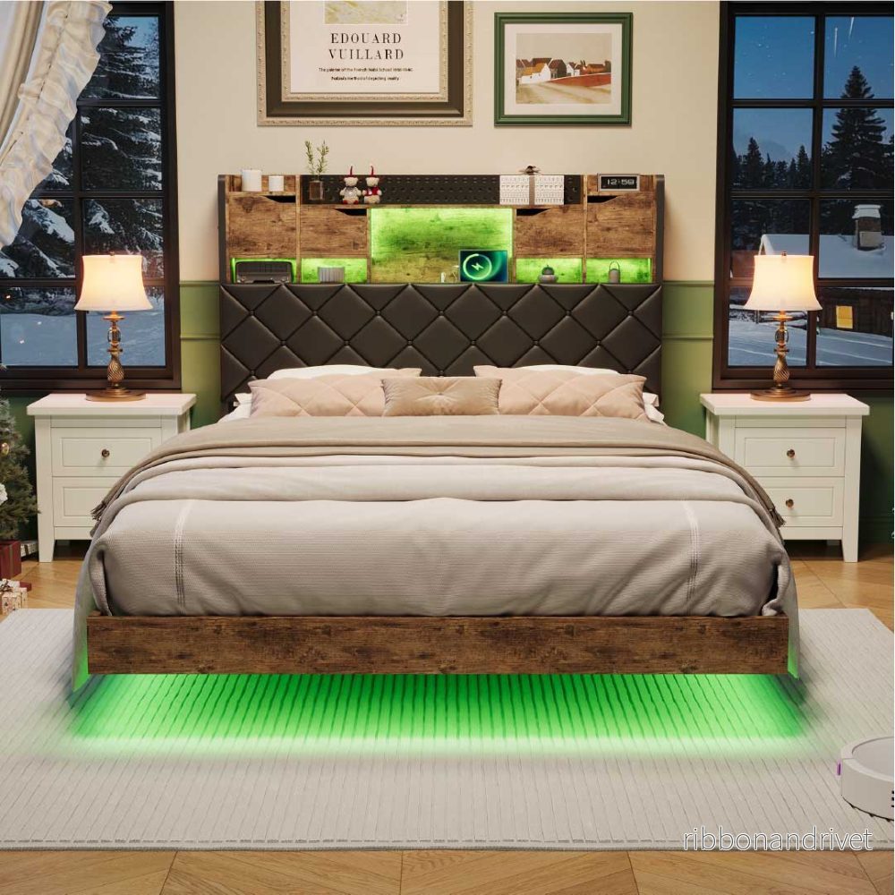 YELENARO svävande säng 140/160x200 cm med LED & USB – industrisäng med förvaring - Bild 2