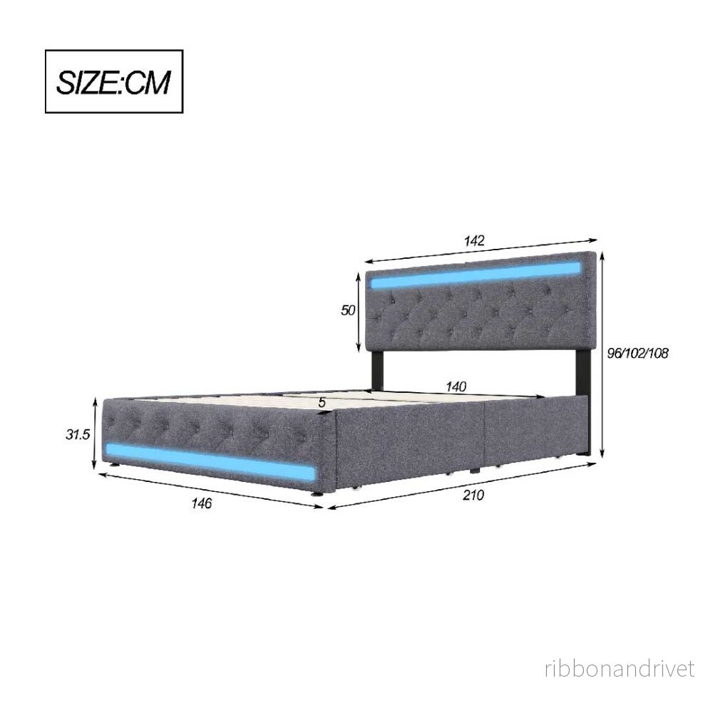 YELENARO LED-klädd säng med USB & 4 lådor – Linnesäng 140/160/180×200 cm - Bild 3