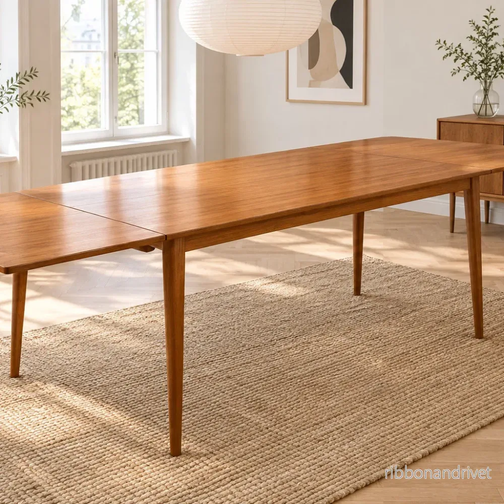 Utdragbart matbord i teak med ben i ek Utdragbart matbord i teak med ben i ek