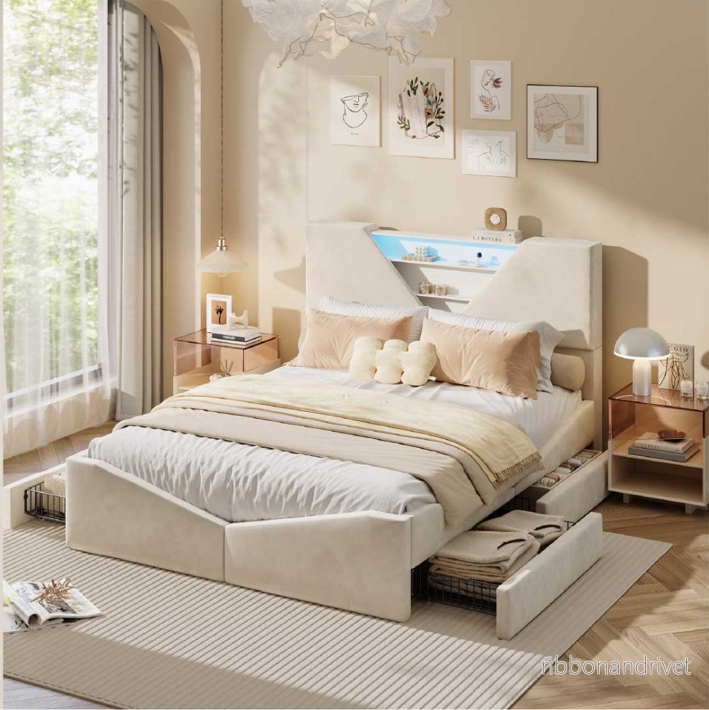 YELENARO Vadderad säng med LED & förvaring – 140/160x200 cm - Bild 2