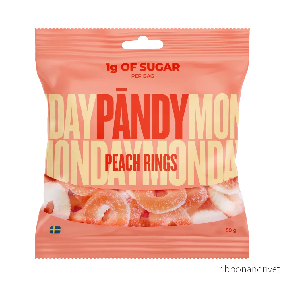 Pändy Peach Rings 50 g – Godis med 1 g socker Pändy Peach Rings 50 g – Godis med 1 g socker