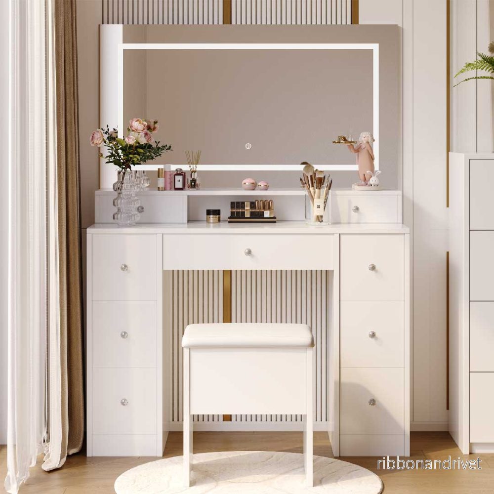 Yelenaro Sminkbord med LED-spegel – Modernt Vitt Toalettbord med 9 Lådor & Pall - Bild 2