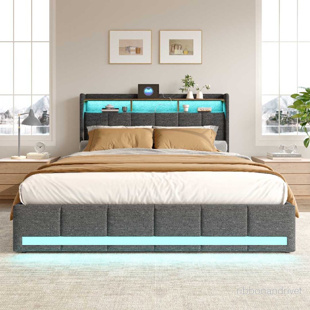 Yelenaro linnesäng 140/160×200 cm med LED, USB & 4 lådor - Bild 2