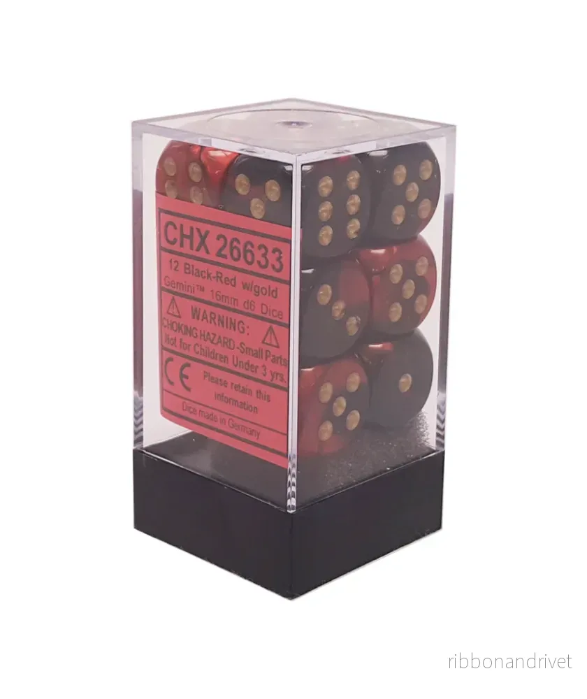 Chessex Gemini 16mm d6 Dice Blocks (12 Dice) – Black-Red w/gold Chessex Gemini 16mm d6 Dice Blocks (12 Dice) – Black-Red w/gold