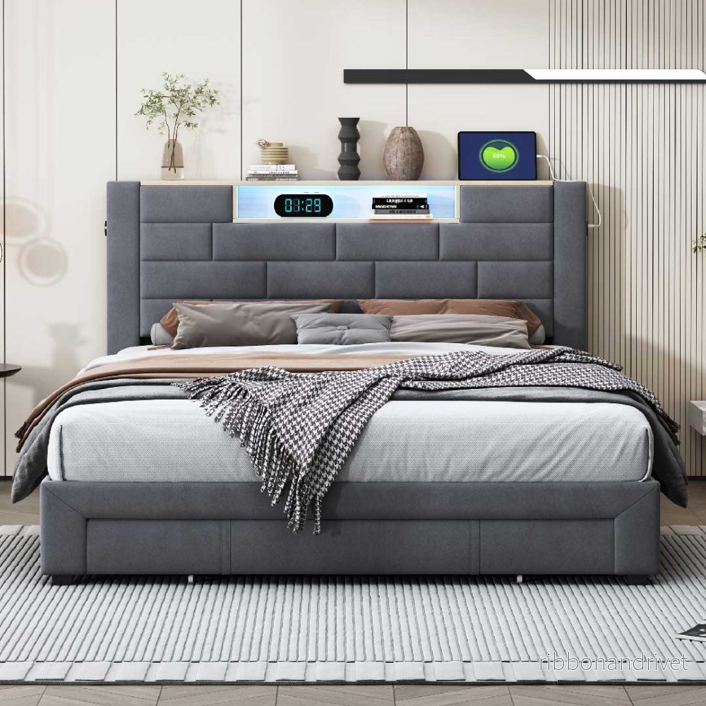 Yelenaro Säng i sammet med LED, USB & 3 lådor – 140/160×200 cm