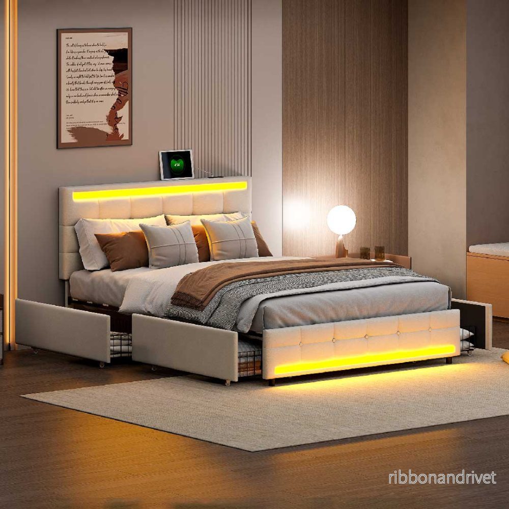 Yelenaro stoppad säng i linne med LED, USB & 4 lådor - Bild 3