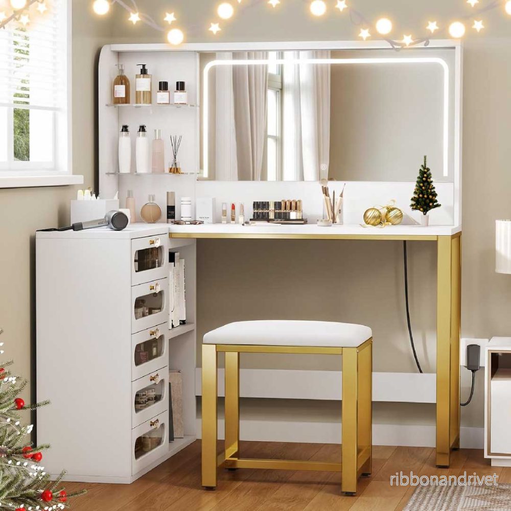 Yelenaro L-sminkbord med LED-spegel och pall – hörnmodell med förvaring