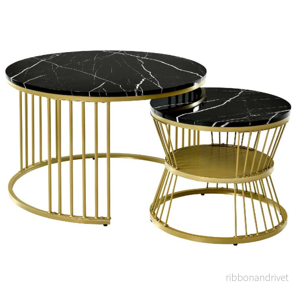 Yelenaro Soffbord i 2-delat set, runt – Marmorlook med guldram - Bild 2