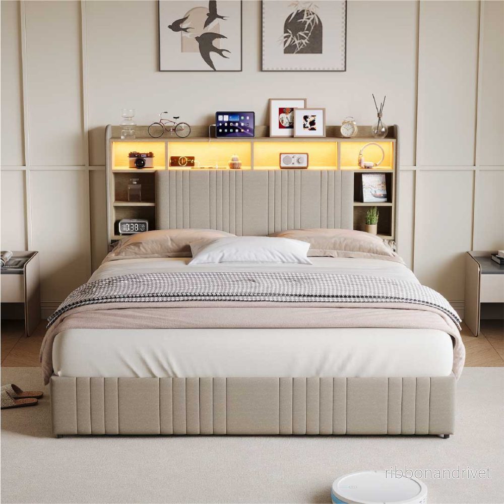 Yelenaro klädd säng med förvaring i sänggaveln, LED & USB – Säng 90x200 / 140x200 / 160x200 med 2 lådor - Bild 2