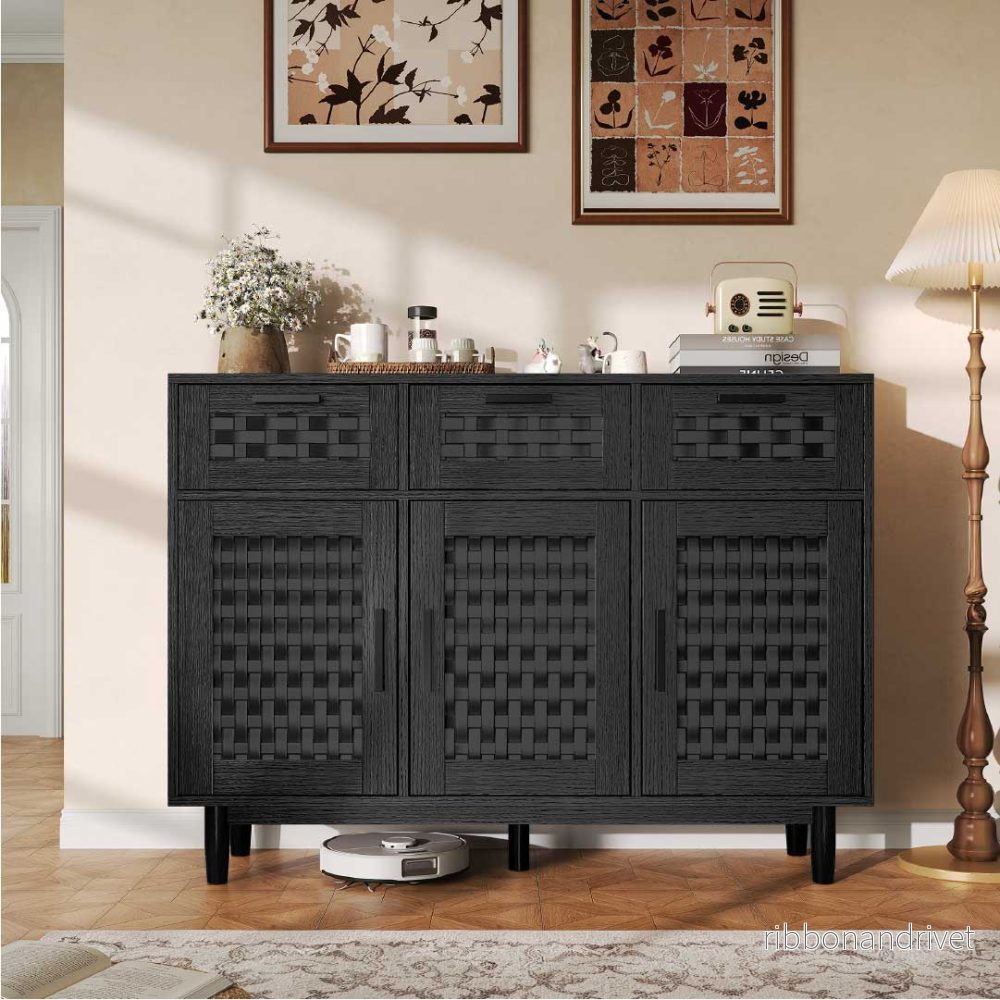 Yelenaro rotting sideboard med 3 lådor och dörrar – träskänk med förvaring - Bild 2