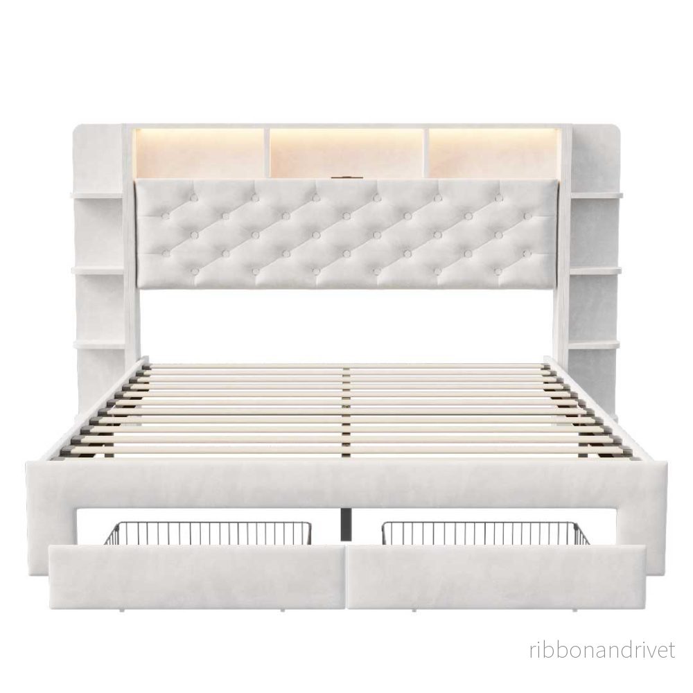 Yelenaro kontinentalsäng med LED & USB – sammetssäng med förvaring och lådor - Bild 2