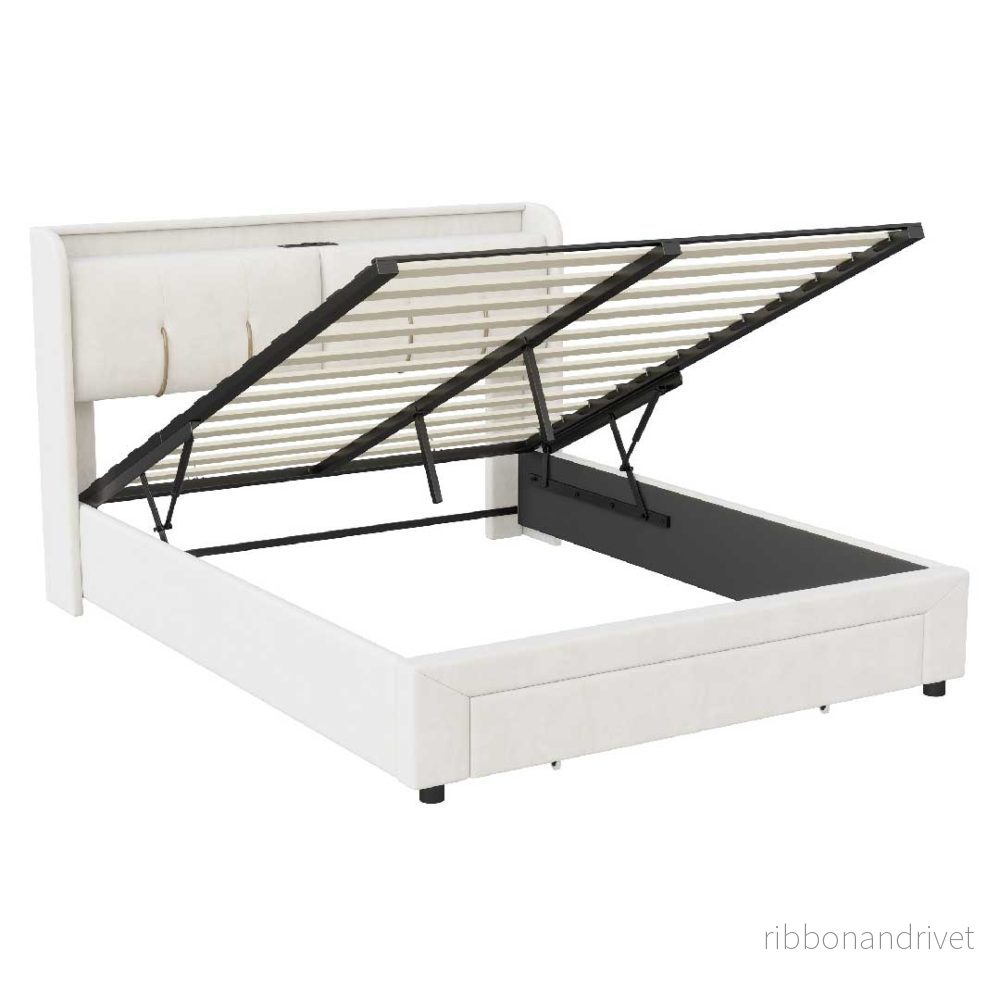 Yelenaro kontinentalsäng 140/160x200 cm med förvaring, LED och USB – sammet beige - Bild 3