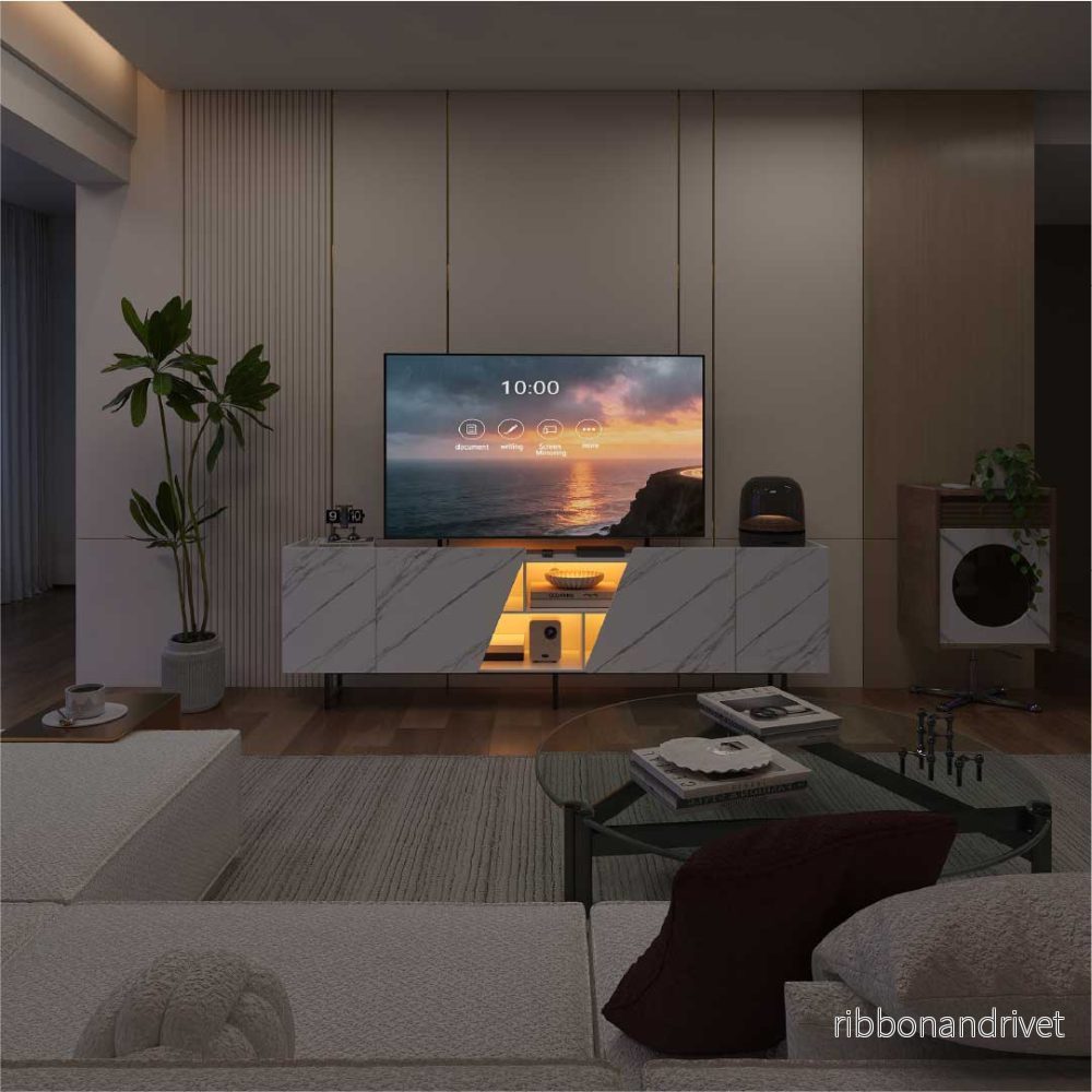 YELENARO TV-bänk 220 cm med LED – Vit marmorlook - Bild 3