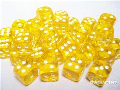 Chessex Translucent 12mm d6 Tärningsblock (36 Tärningar) – Gul med Vit