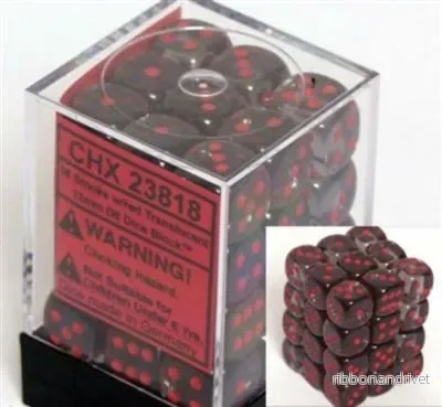 Chessex Translucent 12mm d6 med Pips Tärningsblock (36 Tärningar) – Rök med Röd